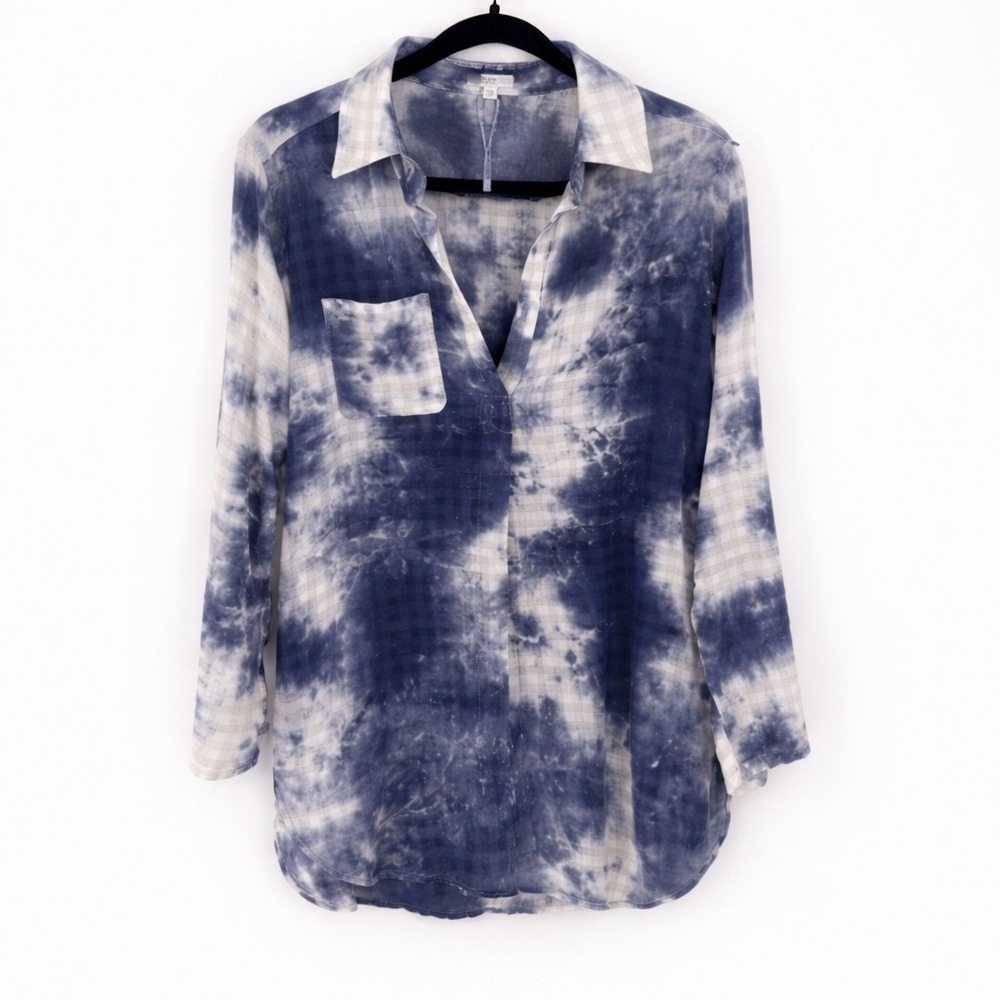 Kori Women's Tie Dye Linen Blend Button Down Shirt Blue White Size M Gauzy Beach